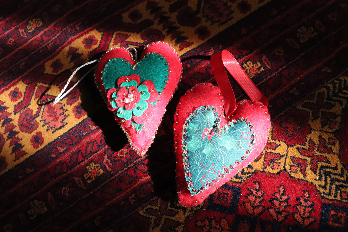 Handmade Felt Heart Ornament – Red & Green Blossom