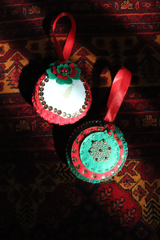 Handmade Felt Bauble Ornament – Golden Tree & Poinsettia