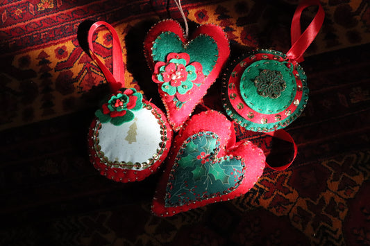 Handmade Felt Heart Ornament – Red & Green Blossom