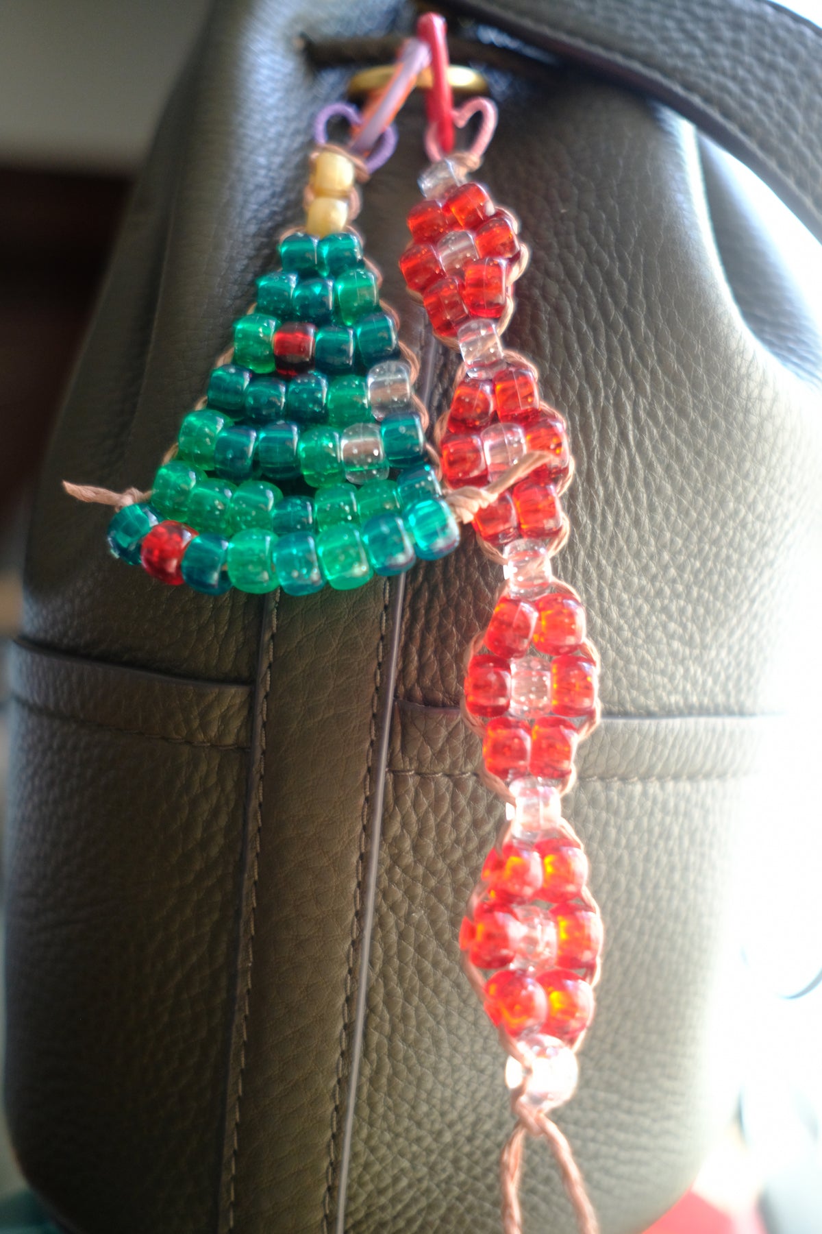 Mini Christmas Tree Bag Charm, Handmade Beaded Charm