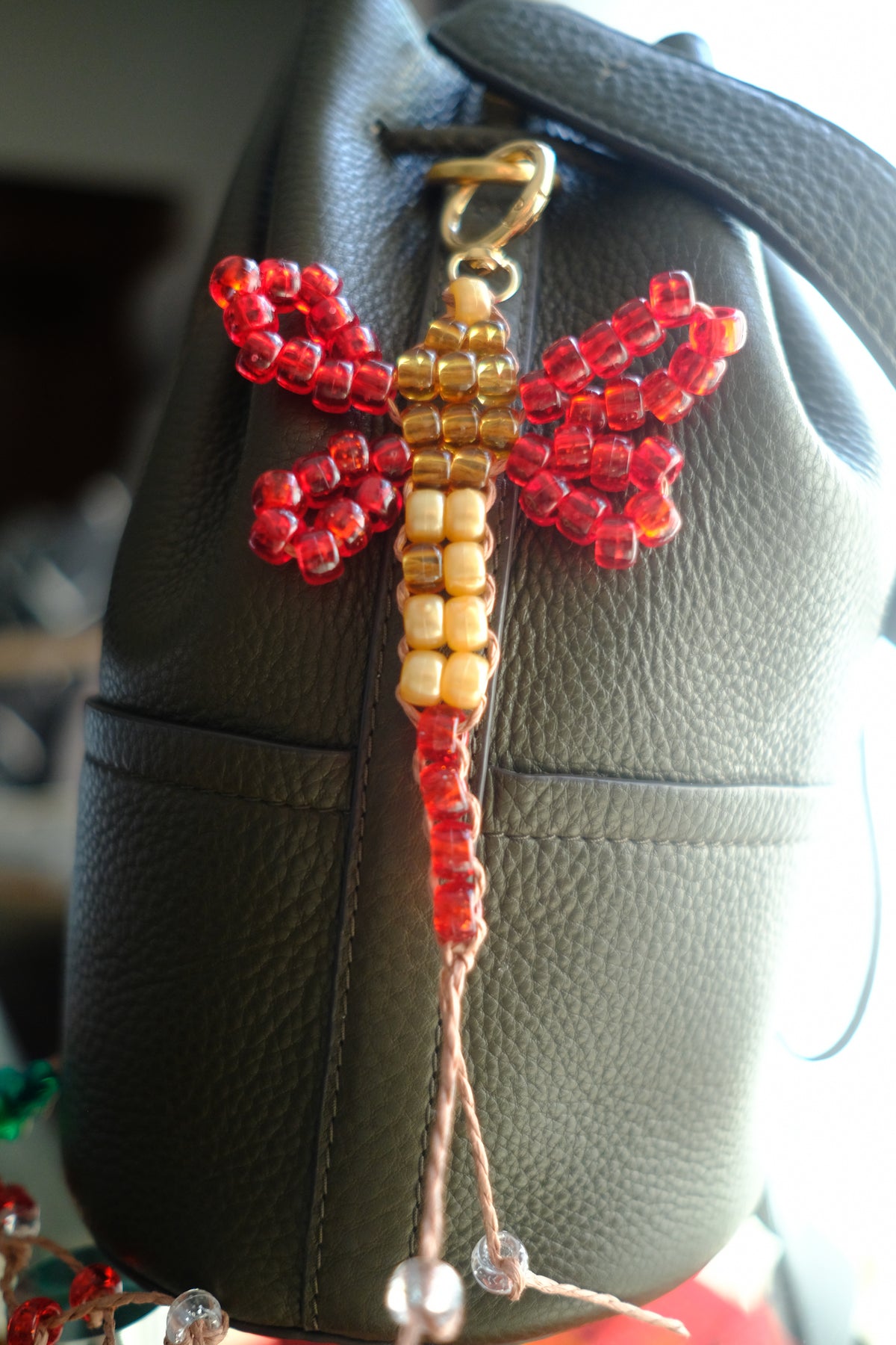 Beaded Dragonfly Bag Charm in Festive Red & Gold