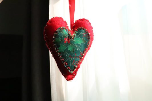 Handmade Felt Heart Ornament – Holly & Berries