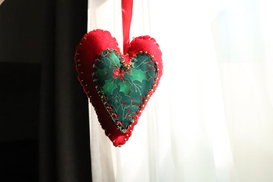 Handmade Felt Heart Ornament – Holly & Berries