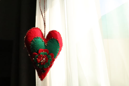 Handmade Felt Heart Ornament – Red & Green Blossom